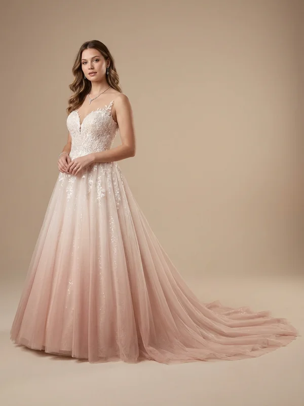 Eleanora — Blush 3/4 Sleeve Princess Wedding Dress with Tulle Skirt - 1