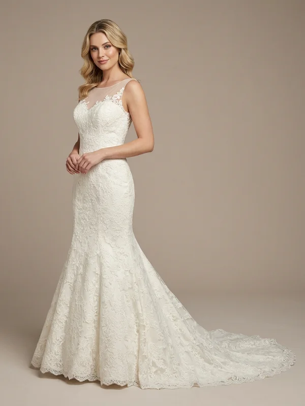 Valentina — Ivory Trumpet Wedding Dress with Illusion Lace Bodice - 1