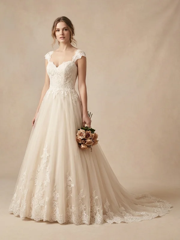 Genevieve — Champagne Tulle Princess Wedding Dress with Lace Bodice - 1