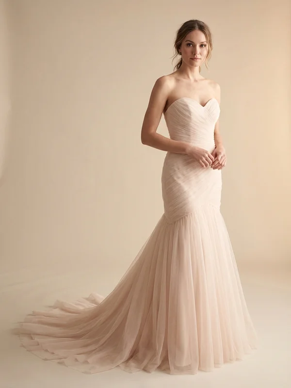 Marguerite — Blush Tulle Trumpet Wedding Dress with Beaded Waistline - 1