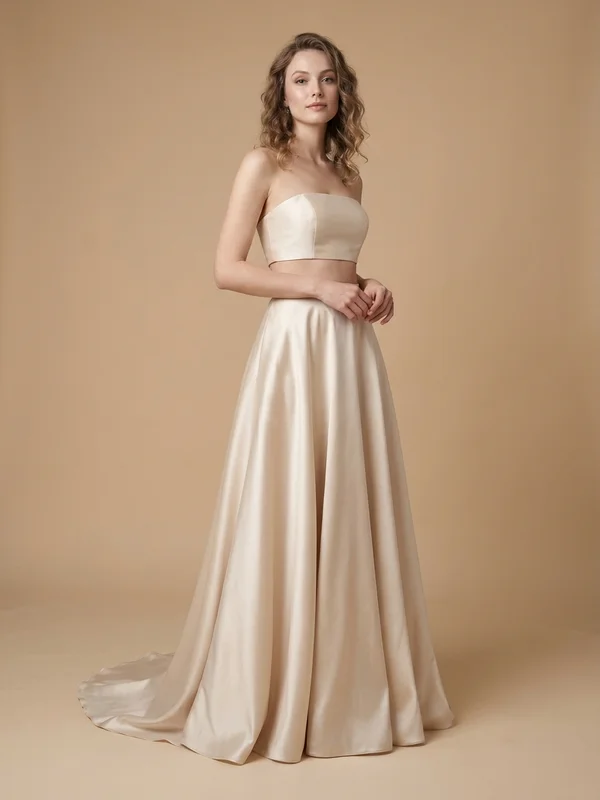 Soleil — Champagne Satin Two-Piece Wedding Dress with Draped Skirt - 1
