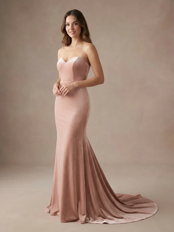 Guinevere — Blush Velvet Wedding Dress with Corset Back and Mermaid Hem - 1