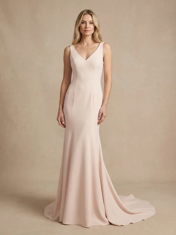 Vivienne — Blush V-Neck Fit & Flare Wedding Dress with Illusion Back - 1