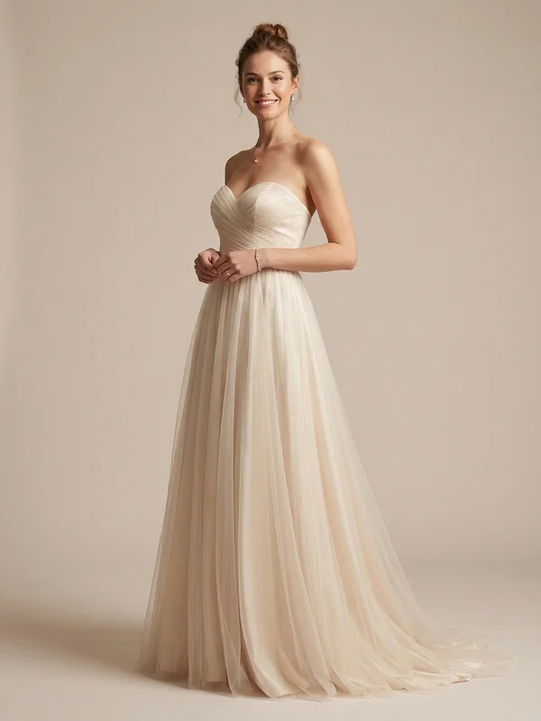 Beatrice — Champagne Tulle Vintage Wedding Dress with Pearl Embellishment - 1