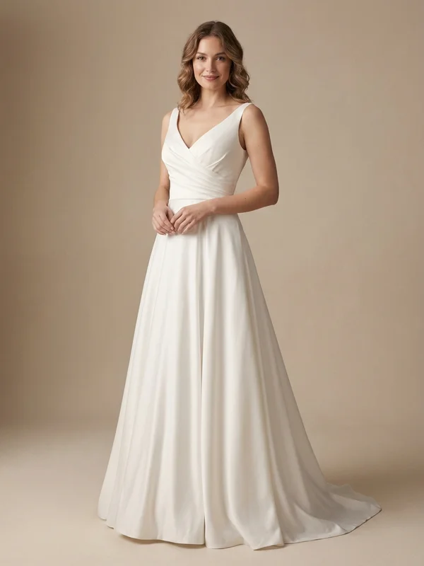 Celestine — White Satin A-Line Wedding Dress with Illusion Back - 1