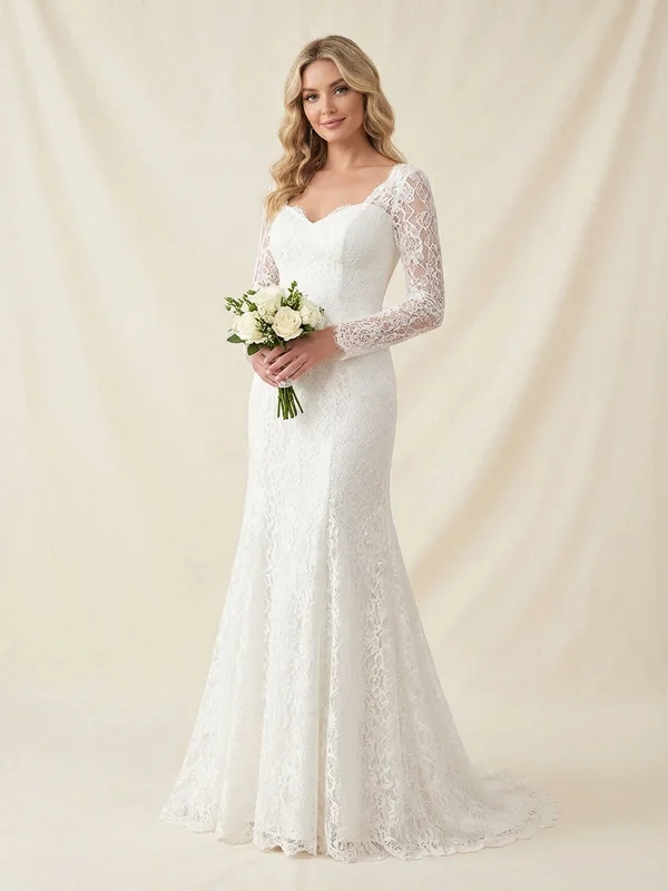 Lilienne — White Lace Fit & Flare Wedding Dress with Cap Sleeves - 1